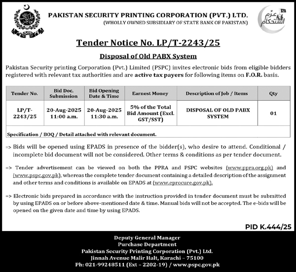 Pakistan Security Printing Corporation Private Limited Karachi Tender Notice